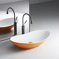 Modern Bathroom Interior Featuring Oval Orange White Green Washbasin With Black Faucet And Mirror