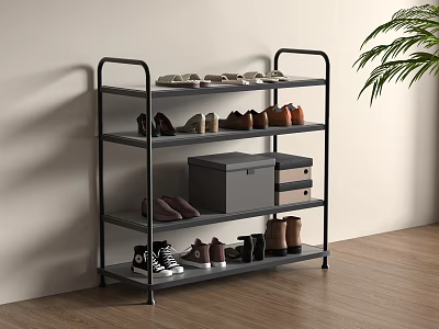 Black Multi Tiered Metal Storage Shelf With Shoes Storage Boxes Wooden Floor And Plant 3d model