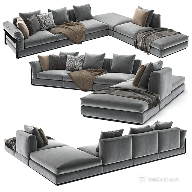 Gray Sectional Sofa With Pillows And Blanket Displayed In Various Angles 3d model