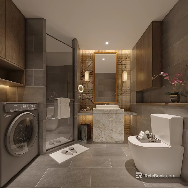 Modern Hotel Bathroom Design With Glass Shower Marble Vanity And Wooden Cabinets Mirror Lighting 3d model 