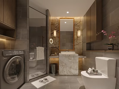 Modern Hotel Bathroom Design With Glass Shower Marble Vanity And Wooden Cabinets Mirror Lighting 3d model
