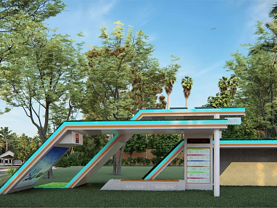 Modern Outdoor Bus Shelter With Solar Panels Blue Frame And Information Board Surrounded By Trees 3d model