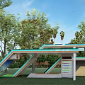 Modern Outdoor Bus Shelter With Solar Panels Blue Frame And Information Board Surrounded By Trees