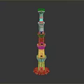 Red Multi Layered Architectural Tower With Circular Base And Top Platform