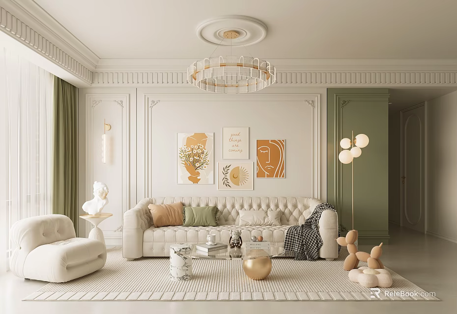 Elegant White Living Room With Wainscoting Walls Crystal Chandelier Green Curtains Beige Sofa And Artwork 3d model 