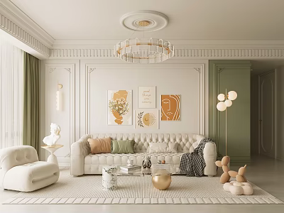 Elegant White Living Room With Wainscoting Walls Crystal Chandelier Green Curtains Beige Sofa And Artwork 3d model