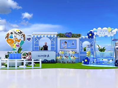Blue Themed Photo Check In Spot With Decorative Balloons Models And Screen 3d model