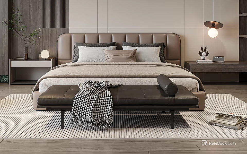 Modern Double Bed With Upholstered Headboard Plush Pillows Bench Checkered Blanket And Nightstands With Lamp 3d model 