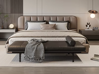 Modern Double Bed With Upholstered Headboard Plush Pillows Bench Checkered Blanket And Nightstands With Lamp 3d model