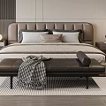 Modern Double Bed With Upholstered Headboard Plush Pillows Bench Checkered Blanket And Nightstands With Lamp