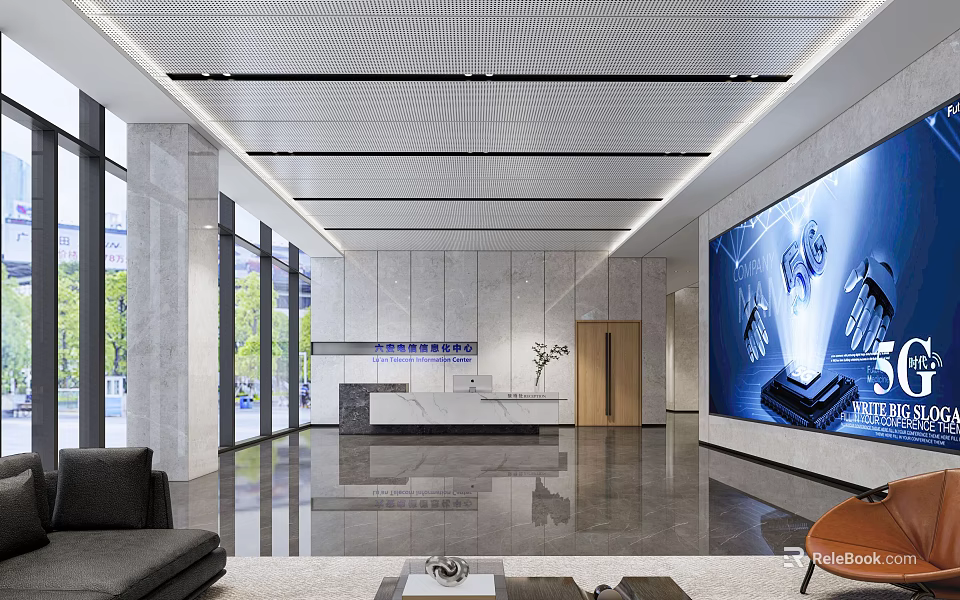 Modern Front Desk Reception Lobby With Stylish Desk Sofa And Digital Display Wall 3d model