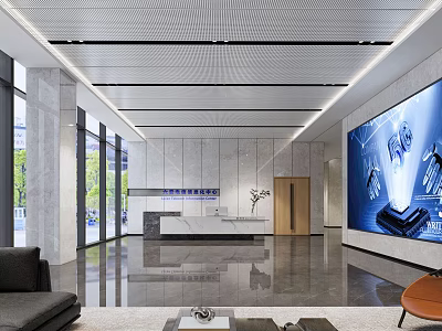 Modern Front Desk Reception Lobby With Stylish Desk Sofa And Digital Display Wall 3d model