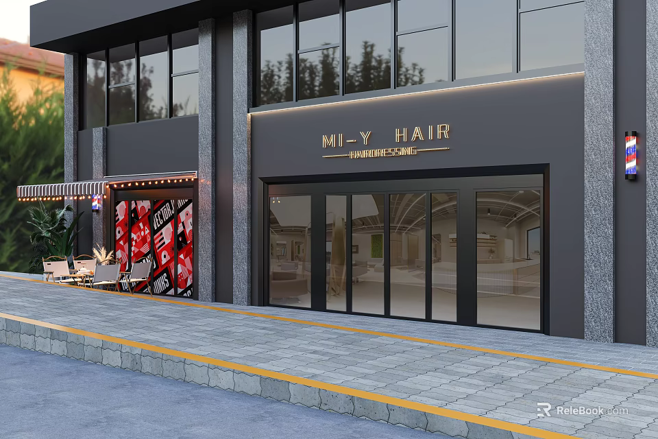 Sleek Modern Hair Salon Exterior Design With Spacious Glass Entrance And Trendy Outdoor Lounge Area 3d model 