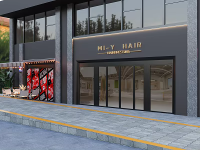 Sleek Modern Hair Salon Exterior Design With Spacious Glass Entrance And Trendy Outdoor Lounge Area 3d model