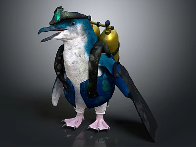 Blue And White Penguin Character With Green Accents Yellow Backpack Black Wings And Pink Feet 3d model