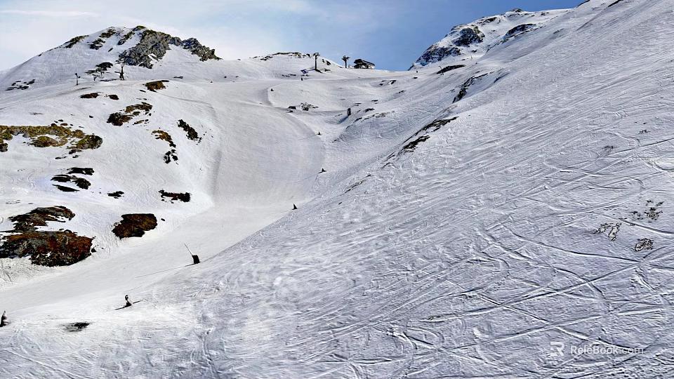 Skiing Scene On Snowy Mountain Slopes With Skiers And Clear Blue Sky 3d model 