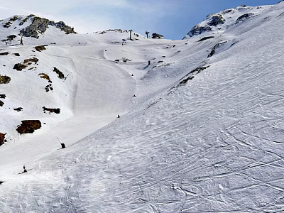 Skiing Scene On Snowy Mountain Slopes With Skiers And Clear Blue Sky 3d model