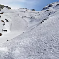 Skiing Scene On Snowy Mountain Slopes With Skiers And Clear Blue Sky