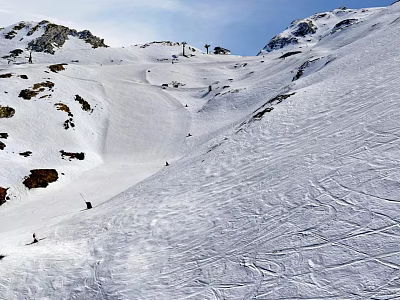 Skiing Scene On Snowy Mountain Slopes With Skiers And Clear Blue Sky 3d model