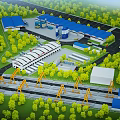 Industrial Factory Layout With Blue Roof Buildings Green Trees Roads And Orange Cranes