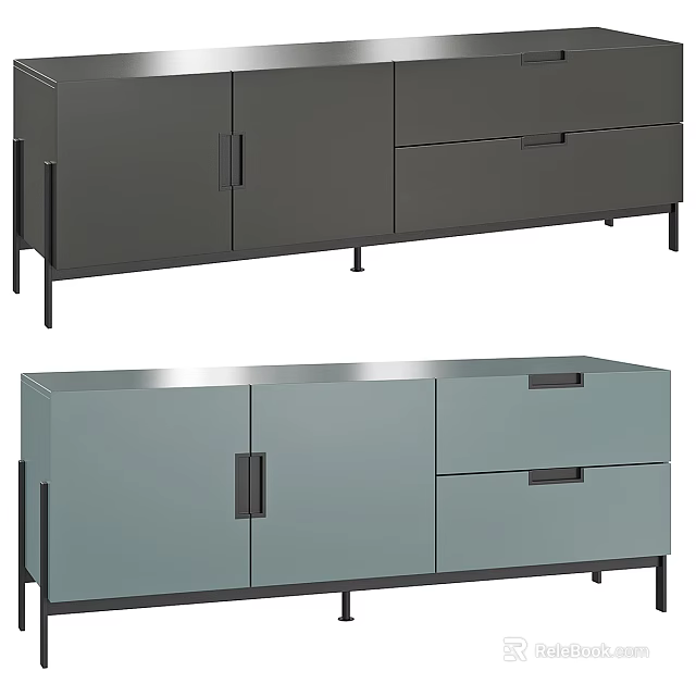 Gray And Light Blue TV Stand With Cabinet Doors Drawers And Black Legs 3d model 