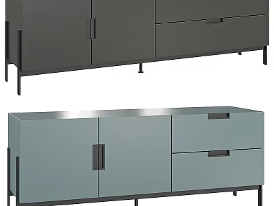 Gray And Light Blue TV Stand With Cabinet Doors Drawers And Black Legs 3d model