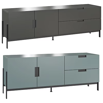 Gray And Light Blue TV Stand With Cabinet Doors Drawers And Black Legs 3d model
