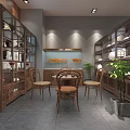 Chinese Style Tobacco And Alcohol Store Interior With Wooden Shelves And Display Cabinets