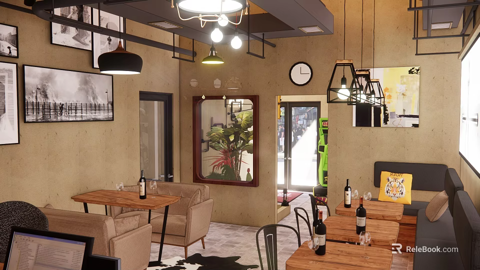 Stylish Bar Interior With Wooden Tables Wine Bottles Hanging Lights Decorative Mirror And Green Plant 3d model 