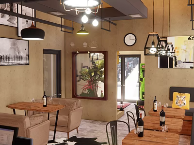Stylish Bar Interior With Wooden Tables Wine Bottles Hanging Lights Decorative Mirror And Green Plant 3d model