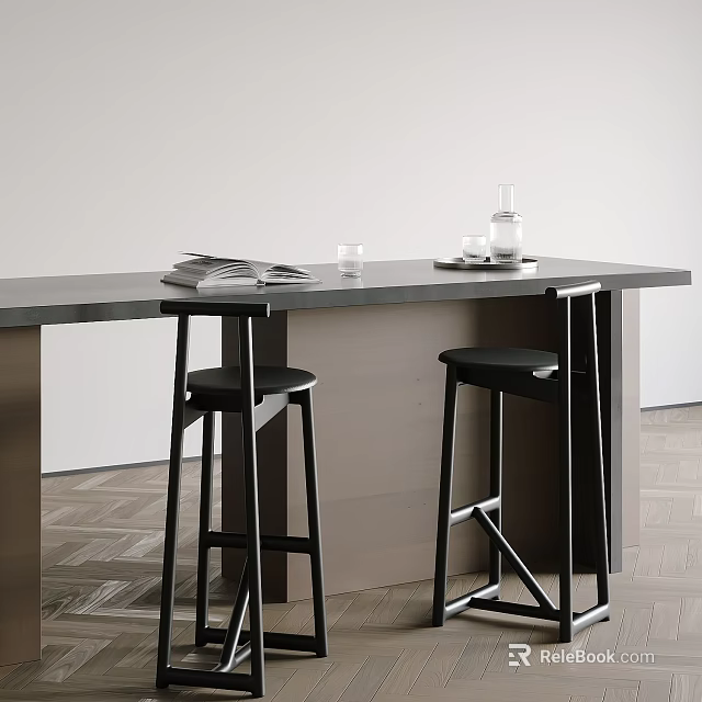 Modern Black Bar Stools At Kitchen Counter With Books Glass And Bottle 3d model 
