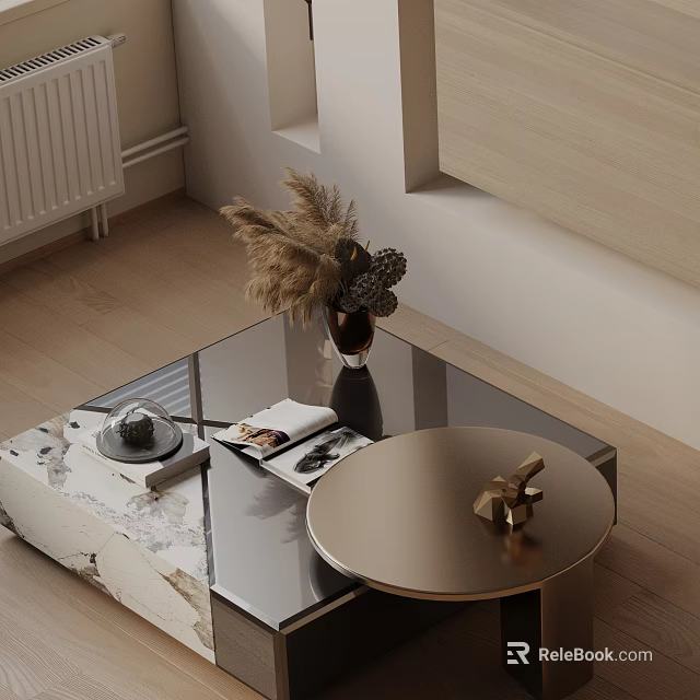 Elegant Modern Sofa And Coffee Table Set With Glass Top Marble Base And Decor 3d model 