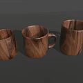 Three Natural Walnut Wood Texture Mugs With Different Shapes On Gray Background