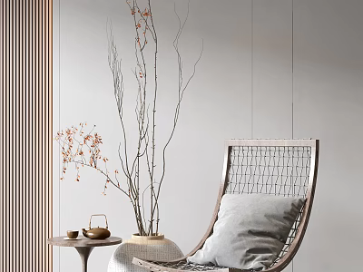Minimalist Natural Lounge Chair With Wooden Frame Gray Cushion And Side Table Tea Set 3d model