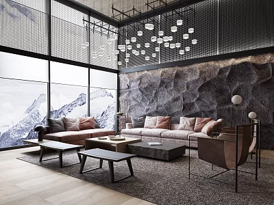 Modern Living Room Interior With Sofa Coffee Tables Decorative Wall Pendant Lights And Large Windows 3d model