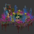 Detailed Miniature Scene Construction With Lush Green Plants Yellow Pillars Small Buildings And Signposts