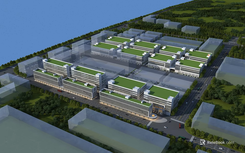 Aerial Planning View of Large Building Complex With Green Roofs and Road Layout 3d model 