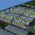 Aerial Planning View of Large Building Complex With Green Roofs and Road Layout
