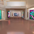 Art Gallery Interior Hallway With Colorful Paintings On Walls And Shiny Floor
