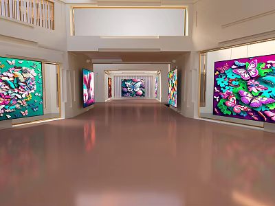 Art Gallery Interior Hallway With Colorful Paintings On Walls And Shiny Floor 3d model