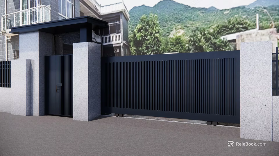 Modern Black Slatted Entrance Gate With Gray Pillars And Mountain View Greenery 3d model 