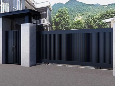 Modern Black Slatted Entrance Gate With Gray Pillars And Mountain View Greenery 3d model