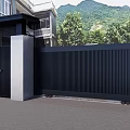 Modern Black Slatted Entrance Gate With Gray Pillars And Mountain View Greenery