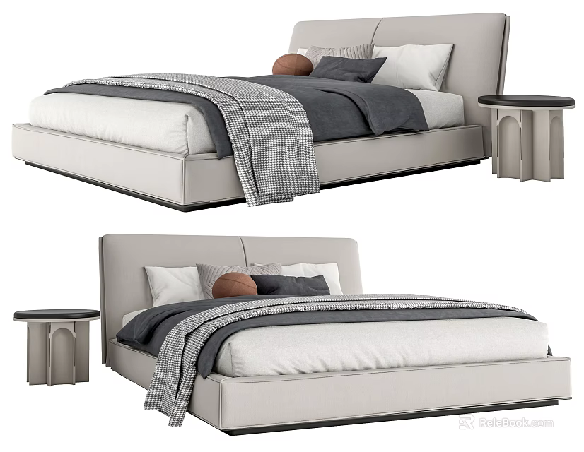 Modern Double Bed With Upholstered Headboard Pillows And Side Table 3d model 