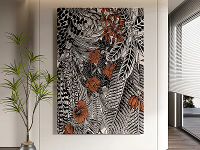 Tropical Floral Wall Art With Black White Leaves And Orange Flowers In Modern Interior 3d model