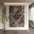 Tropical Floral Wall Art With Black White Leaves And Orange Flowers In Modern Interior