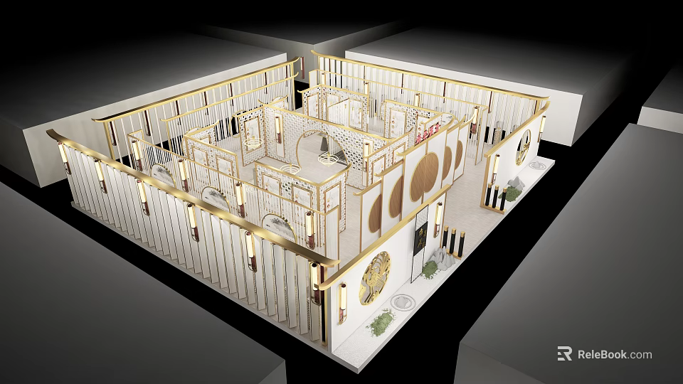 Modern Showroom Interior Design With Gold Frame Partitions Plant Decorations And Lighting Elements 3d model 