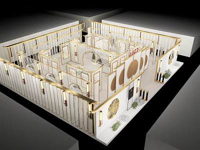 Modern Showroom Interior Design With Gold Frame Partitions Plant Decorations And Lighting Elements 3d model