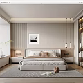 Modern Minimalist Bedroom Interior With Bed Nightstands Decorative Painting And Carpet