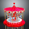 Kids Fun Red Carousel Ride with Blue Horses Heart Decor and Gold Frame